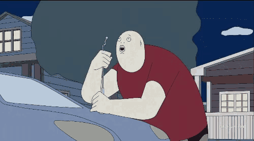 a cartoon of a man cleaning the windshield of a car with a fork