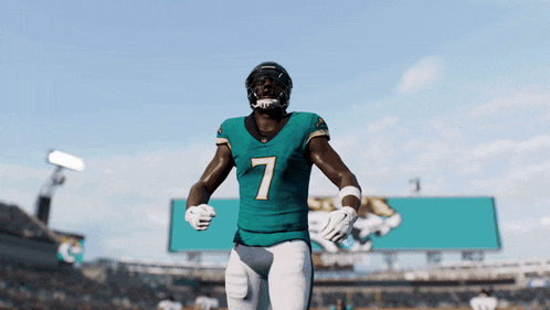 a football player wearing a number 7 jersey stands on the field