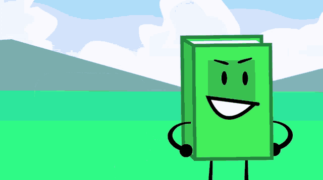 a cartoon drawing of a green book with arms and legs