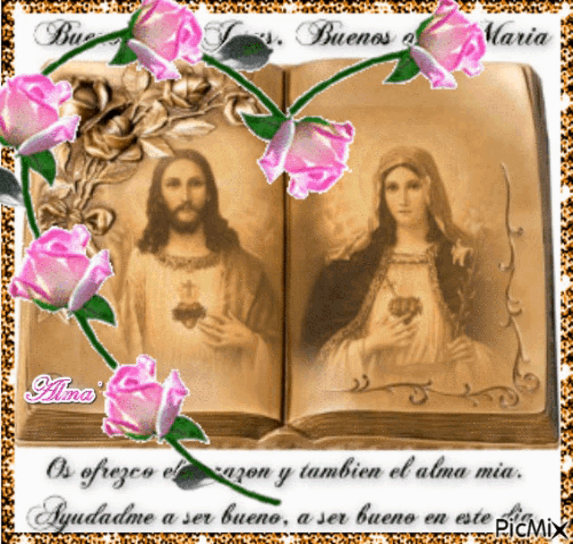 an open book with a picture of jesus and a picture of mary