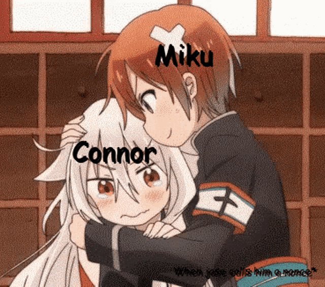 miku and connor are hugging each other in this anime