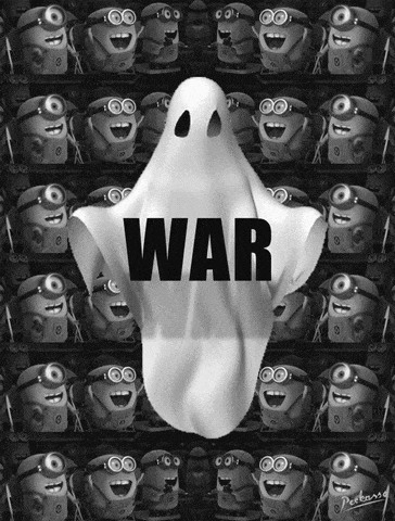 a ghost with the word war written on it is surrounded by minions