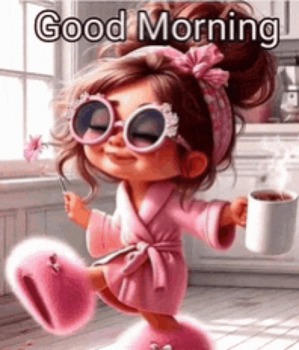 a cartoon girl in a pink robe is holding a cup of coffee and a flower .
