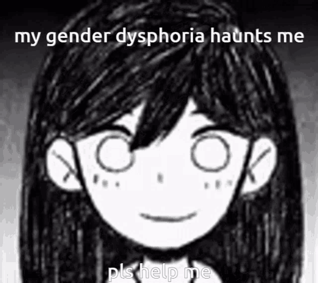 a black and white drawing of a girl with the words `` my gender dysphoria haunts me pls help me ''