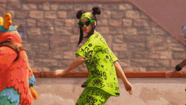 billie eilish is wearing a green shirt and sunglasses and dancing in a video game .