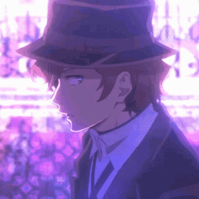 a man in a suit and top hat is standing in front of a purple background
