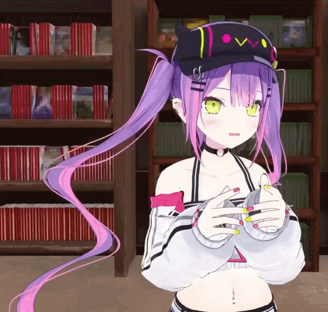 a girl with purple hair is wearing a hat that says vv on it