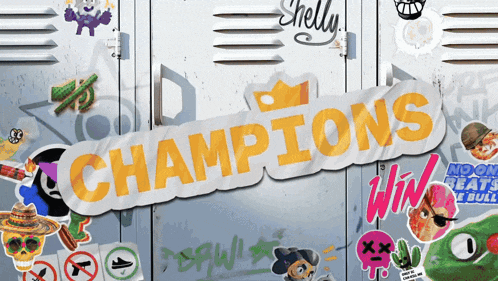 a locker with stickers on it and the words champions