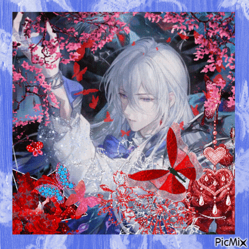 a picture of a boy surrounded by butterflies and flowers with the caption picmix