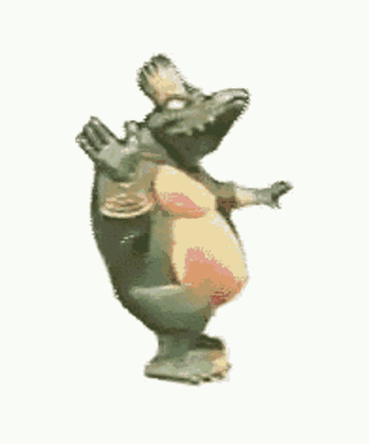a cartoon crocodile is dancing with a red hat on a white background .