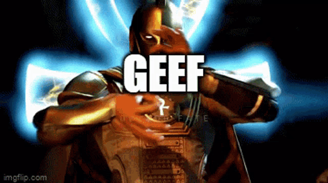 a video game character with the word geef written above him