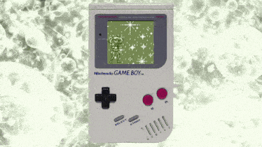 a nintendo game boy is displayed with bubbles in the background