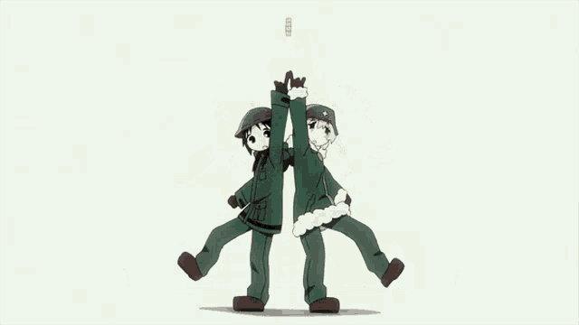 a couple of anime characters are standing next to each other and pointing up