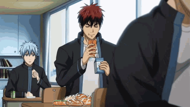 a man with red hair is holding a milk carton in his hand
