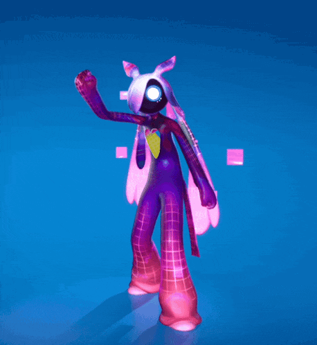 a pink and purple cartoon character with a heart on his chest