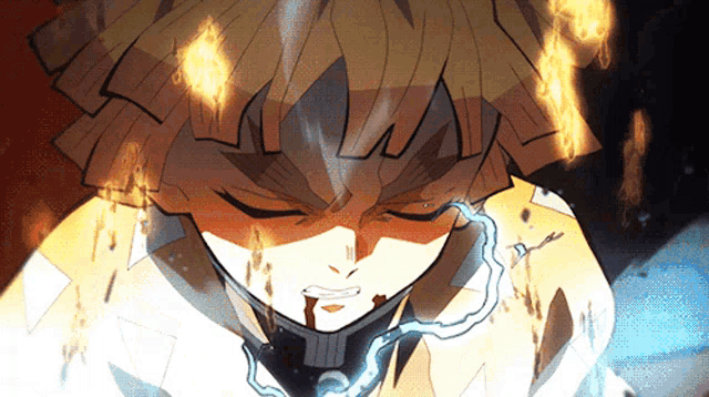a cartoon character with a chain around his neck is surrounded by fire