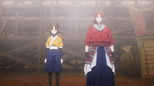 two anime characters standing next to each other in a foggy room