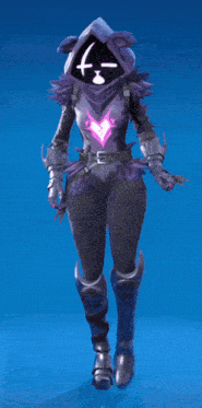 a video game character with a purple face and the letter f