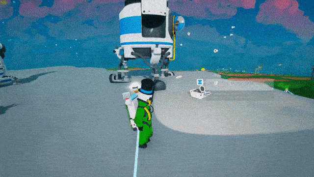 a person in a video game is standing in front of a rocket