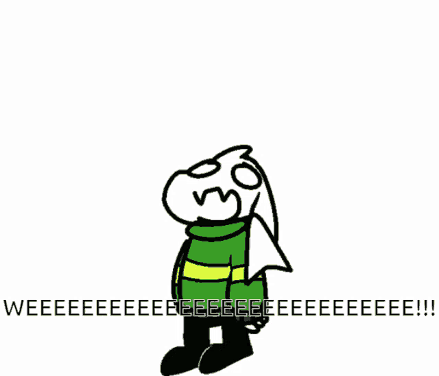 a cartoon character with a green jacket and yellow stripes is standing in front of a white background with text .