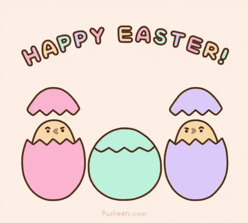 a cartoon of three eggs with the words `` happy easter '' written on it .