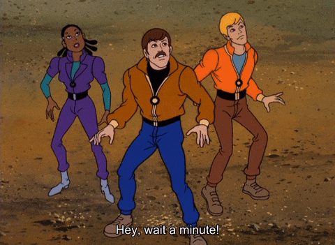 a cartoon character says hey wait a minute in front of two other characters