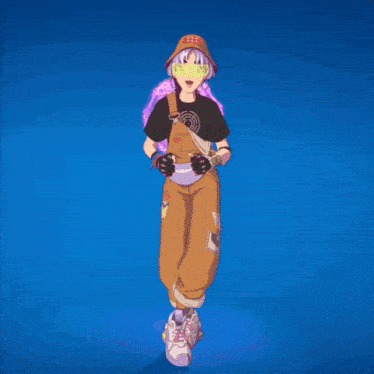 a cartoon character is wearing overalls and a hat with the letter r on it