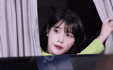 a woman in a green sweater looks out the window