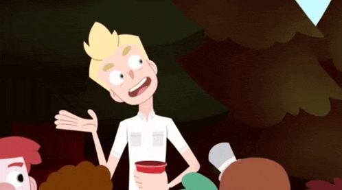 a cartoon character is holding a red cup and talking