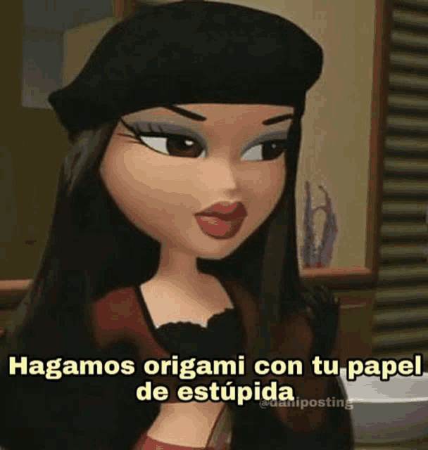 a cartoon girl is wearing a black beret and says `` hagamos origami con tu papel de stupida '' .
