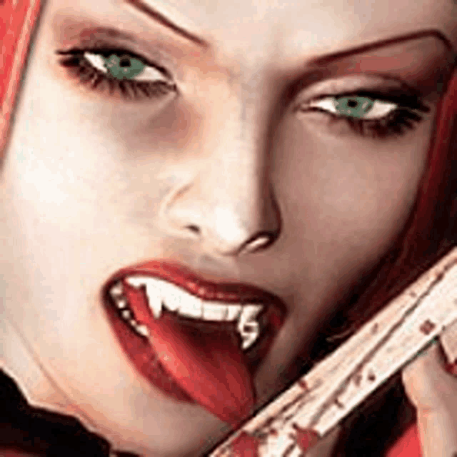 a close up of a woman holding a bloody knife with her tongue out .