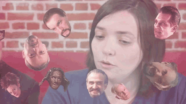 a woman is surrounded by faces including a man 's head