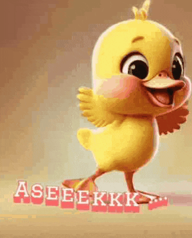 a cartoon duck is standing next to a sign that says `` aseeekkk '' .