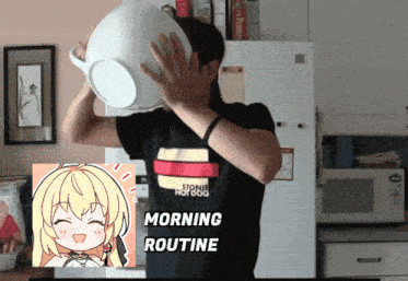 a man wearing a shirt that says morning routine is holding a bowl over his face