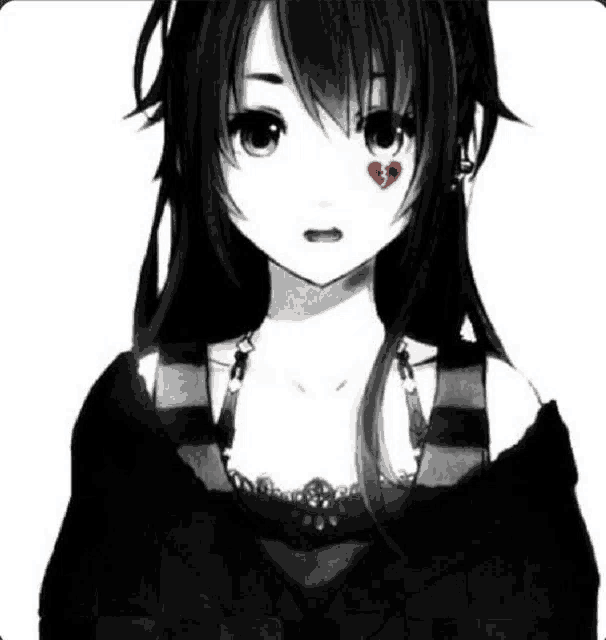 a black and white image of a girl with a broken heart on her face .