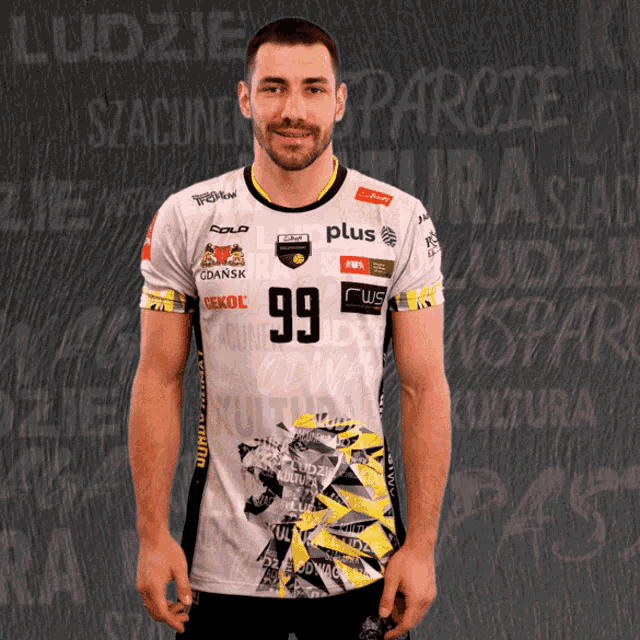 a man wearing a shirt with the number 99 on the front