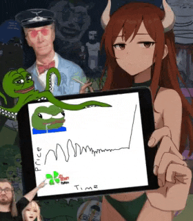 a girl with horns is holding a tablet with a cartoon frog on it