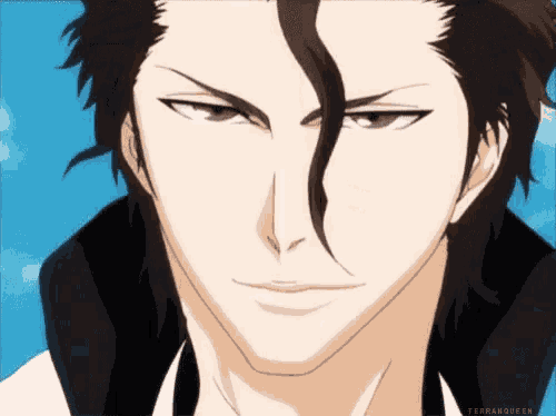 a close up of a anime character 's face with a blue sky in the background .
