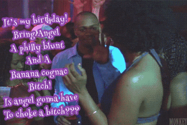 a man and a woman are dancing in a club and the woman is saying it 's her birthday