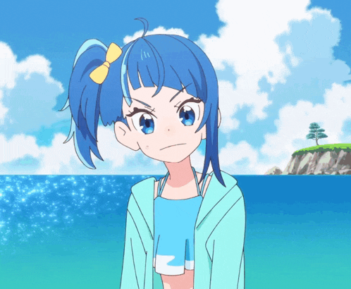 a girl with blue hair and a yellow bow in her hair