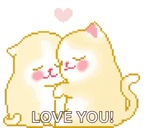 a pixel art illustration of two cats hugging each other with the words `` love you '' .