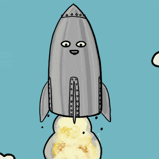 a cartoon drawing of a rocket with a smiling face