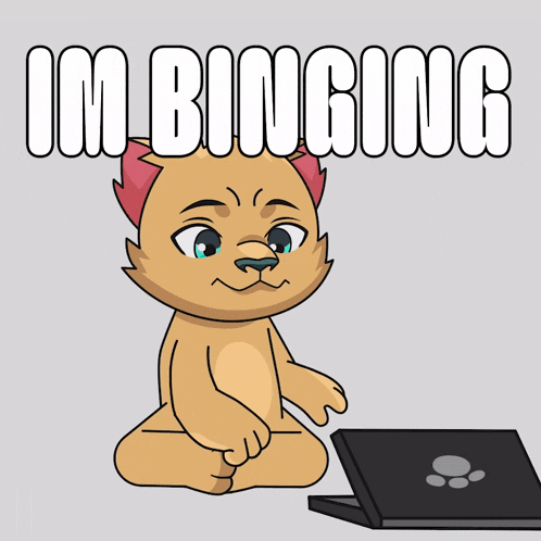 a cartoon cat is sitting in front of a laptop and the words im binging are above him
