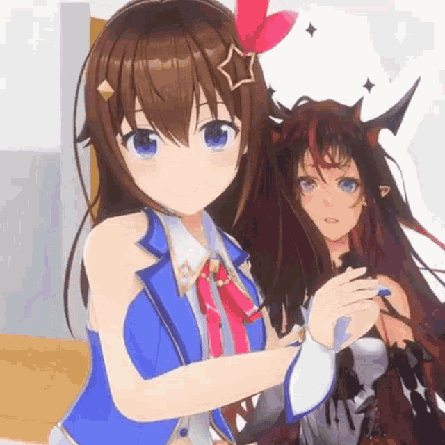 two anime girls are standing next to each other and one has a star on her hair