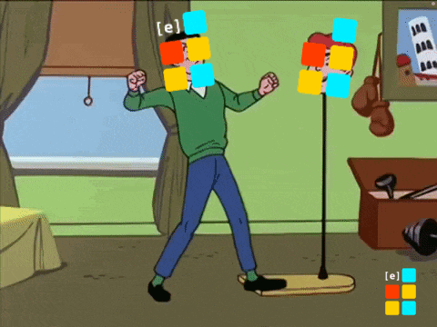 a man in a green sweater is dancing in a room with the letter e on the wall