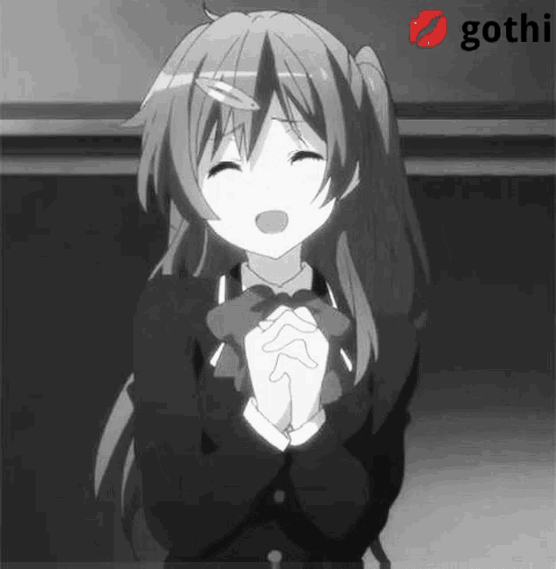 a black and white photo of a girl with her hands folded in prayer