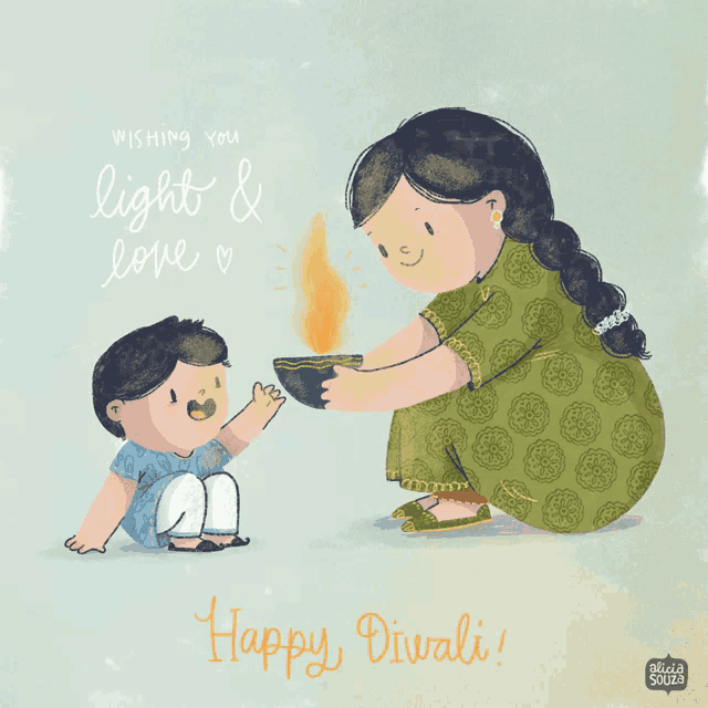 a cartoon illustration of a woman lighting a lamp with the words wishing you light & love