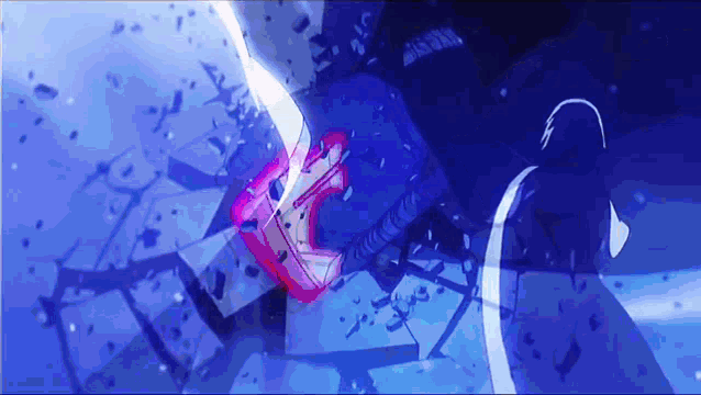 a blue background with a person holding a sword in their hand