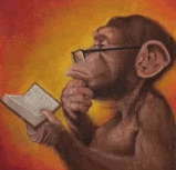 a painting of a monkey wearing glasses reading a book .