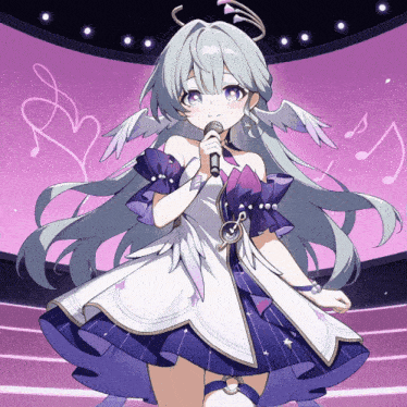 a girl with angel wings singing into a microphone on a stage